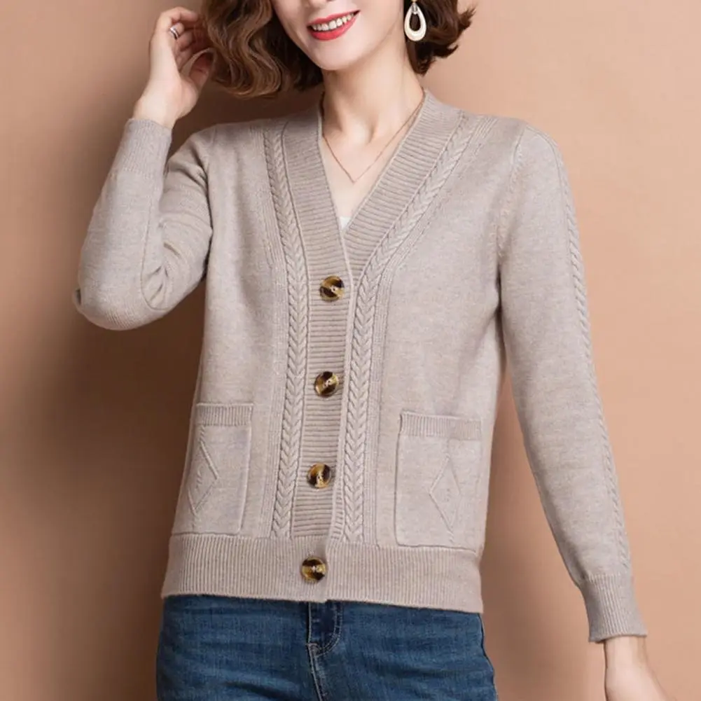 Women Solid Color Cardigan Women Spring Autumn Cardigan Middle Age Ladies Knitted Cardigan Stylish V Neck Button for Spring