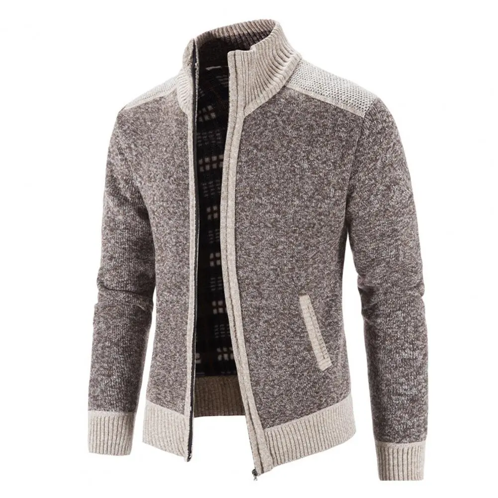 Men Knitted Cardigan Autumn Winter Spliced Color Stand Up Collar Pocket Sweater Thick Velvet Warm Knit Sweater Cardigan Jacket