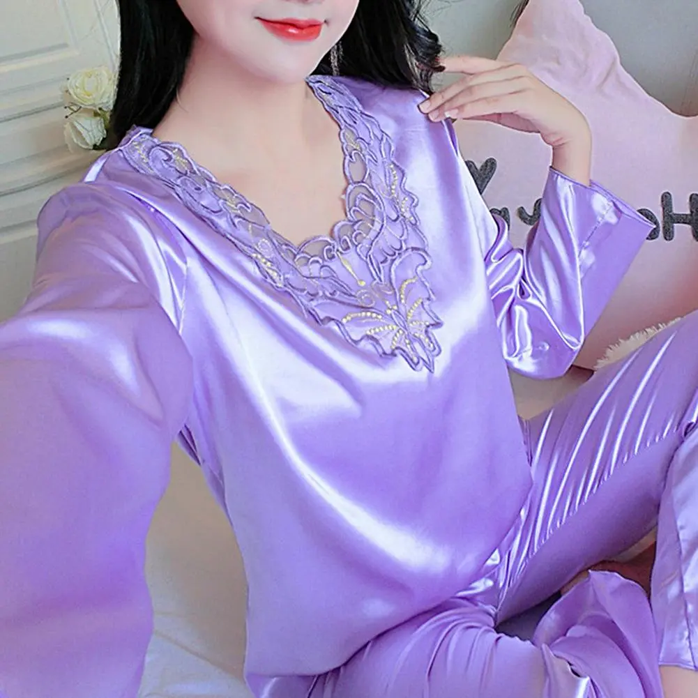 Faux Silk Women Pajamas Set Silky Long Sleeves V Neck Lace Nightie Set Spring Summer sleepwear Home Wear Two Pieces Loungewear