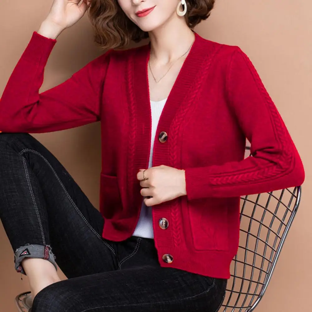 Women Solid Color Cardigan Women Spring Autumn Cardigan Middle Age Ladies Knitted Cardigan Stylish V Neck Button for Spring