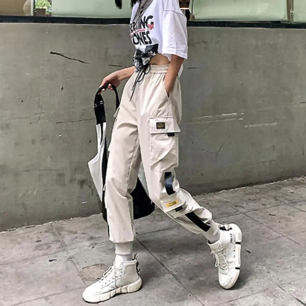 Women Cargo Pants Multi Pockets Loose Elastic Waist Casual Lady Trousers Hip-hop Style Ankle-banded Drawstring Deep Crotch Pants