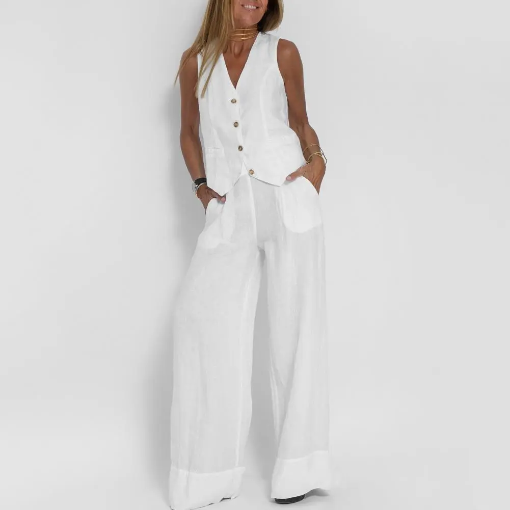 Summer Cotton Linen Two Piece Set Women Suit 2023 Sleeveless Tank Top High Waist Wide Pants Set Ladies' Business Casual Suit