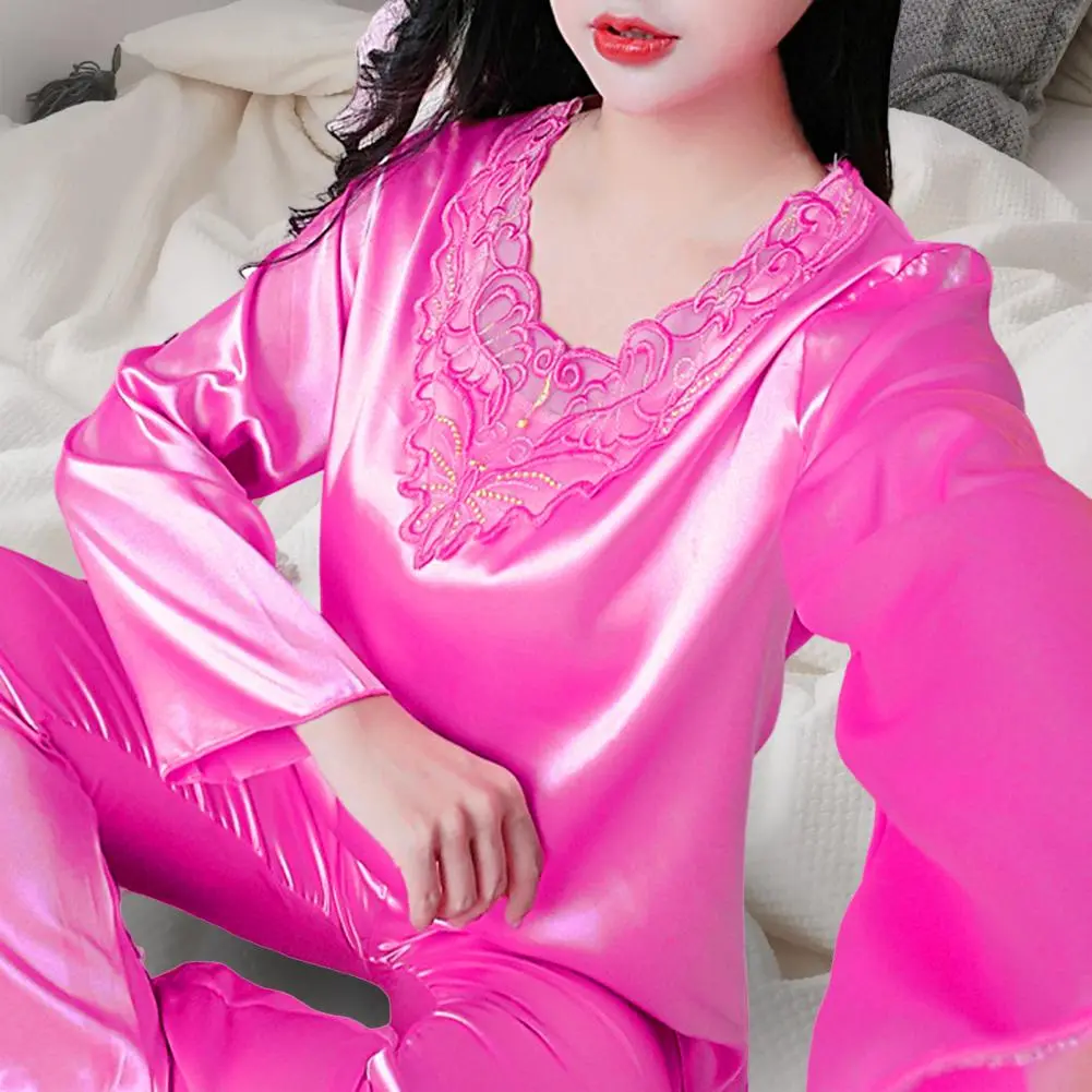 Faux Silk Women Pajamas Set Silky Long Sleeves V Neck Lace Nightie Set Spring Summer sleepwear Home Wear Two Pieces Loungewear