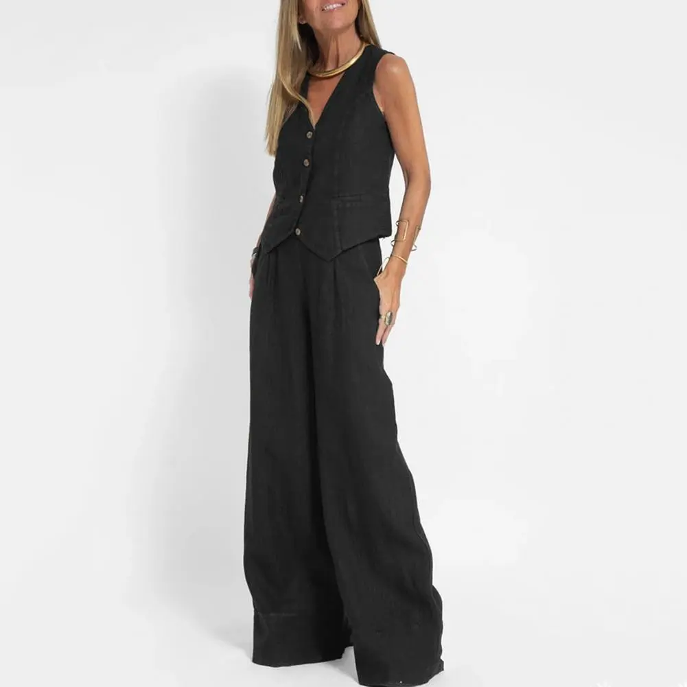 Summer Cotton Linen Two Piece Set Women Suit 2023 Sleeveless Tank Top High Waist Wide Pants Set Ladies' Business Casual Suit