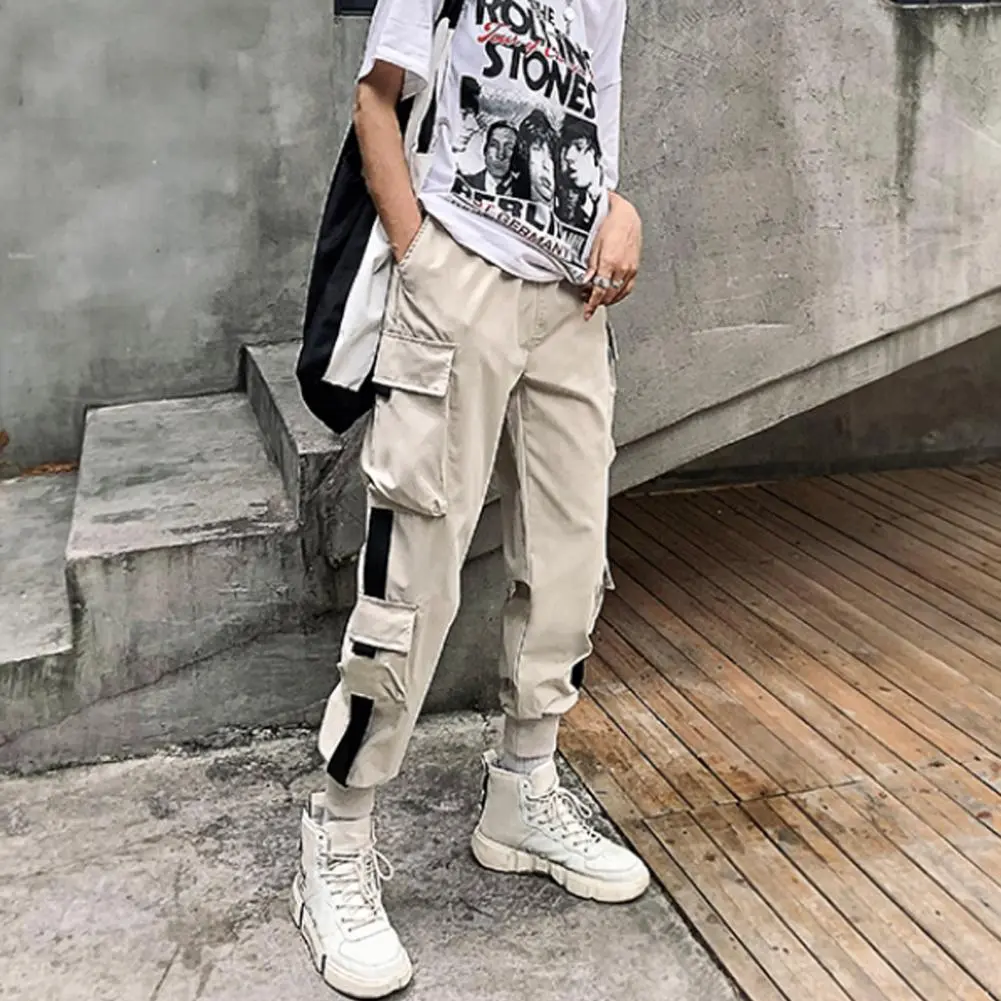 Women Cargo Pants Multi Pockets Loose Elastic Waist Casual Lady Trousers Hip-hop Style Ankle-banded Drawstring Deep Crotch Pants