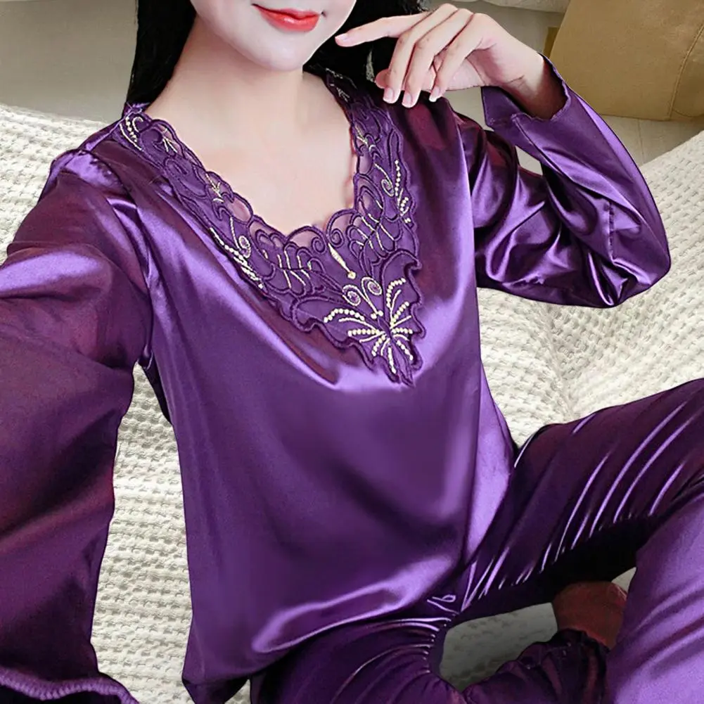 Faux Silk Women Pajamas Set Silky Long Sleeves V Neck Lace Nightie Set Spring Summer sleepwear Home Wear Two Pieces Loungewear