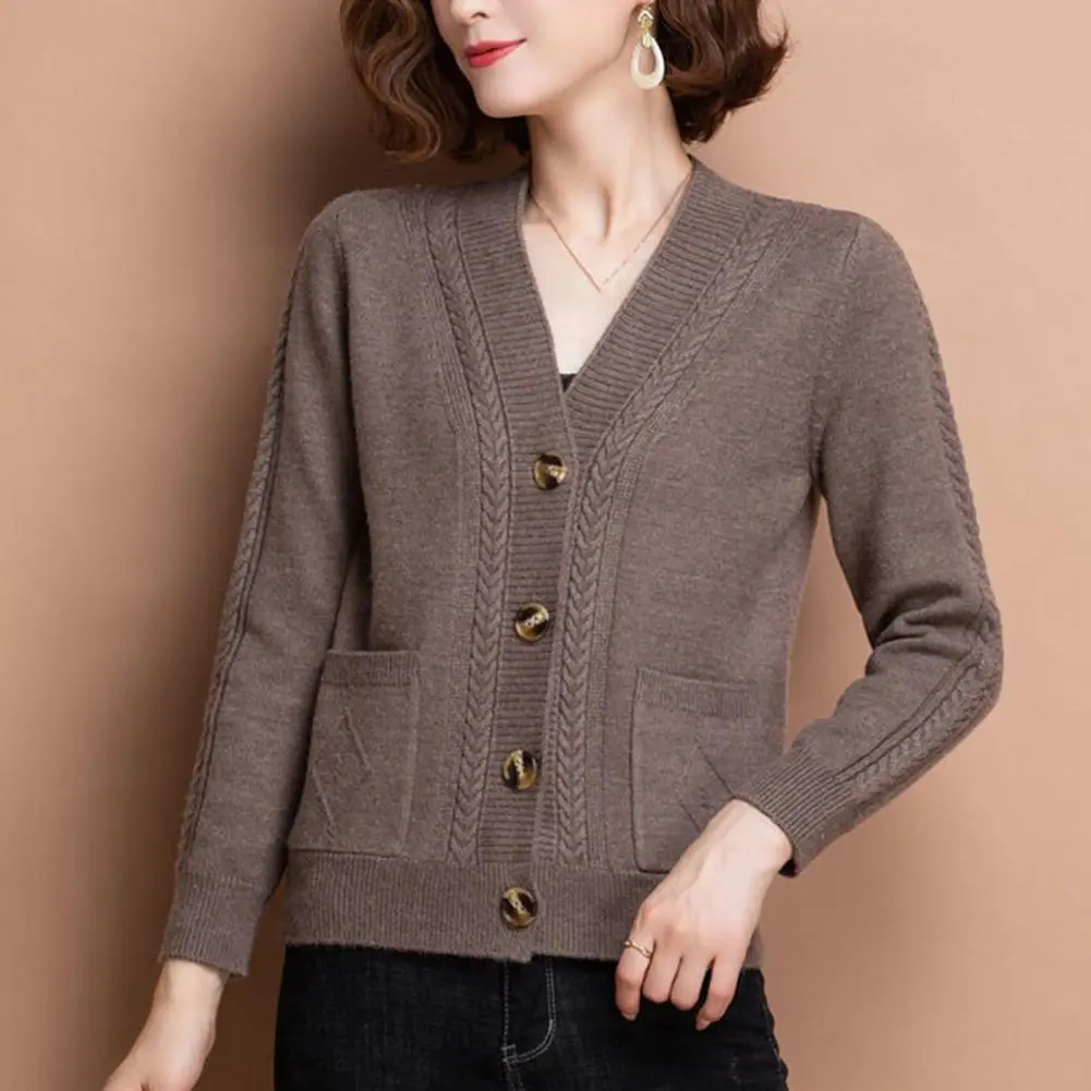 Women Solid Color Cardigan Women Spring Autumn Cardigan Middle Age Ladies Knitted Cardigan Stylish V Neck Button for Spring