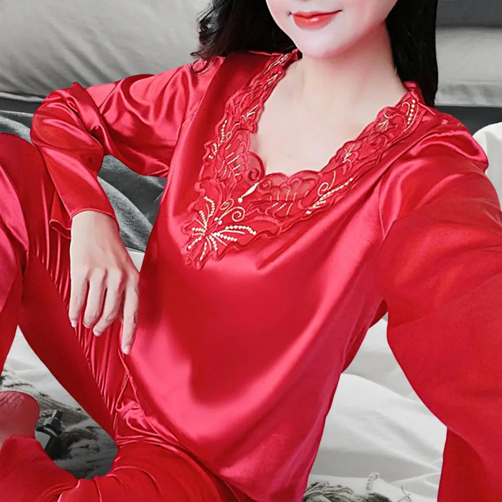 Faux Silk Women Pajamas Set Silky Long Sleeves V Neck Lace Nightie Set Spring Summer sleepwear Home Wear Two Pieces Loungewear
