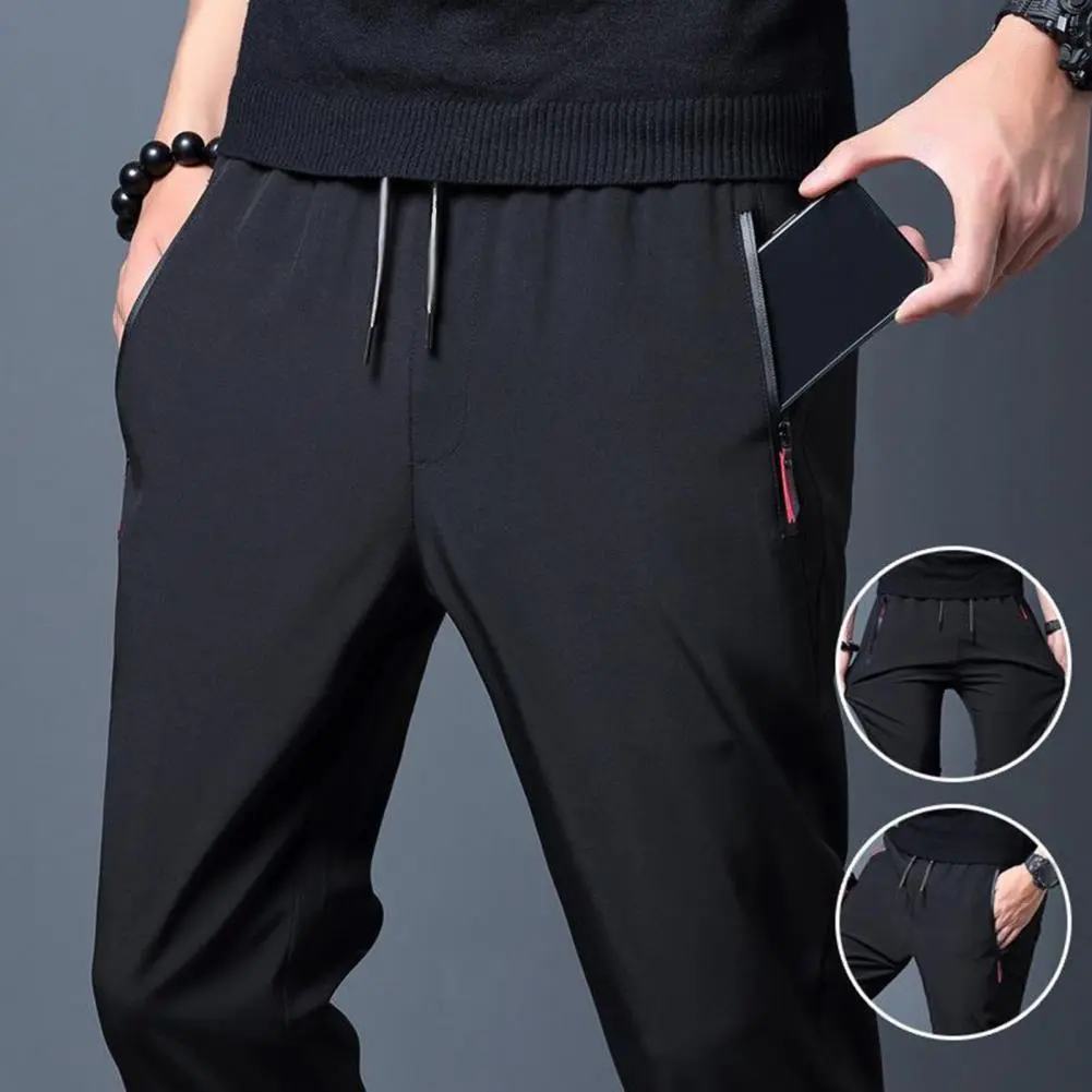 2025 L-3XL Men Sport Pants Ice Silk Quick-drying Slim Fit Side Zippered Pockets Drawstring Jogging Sweatpants Long Trousers
