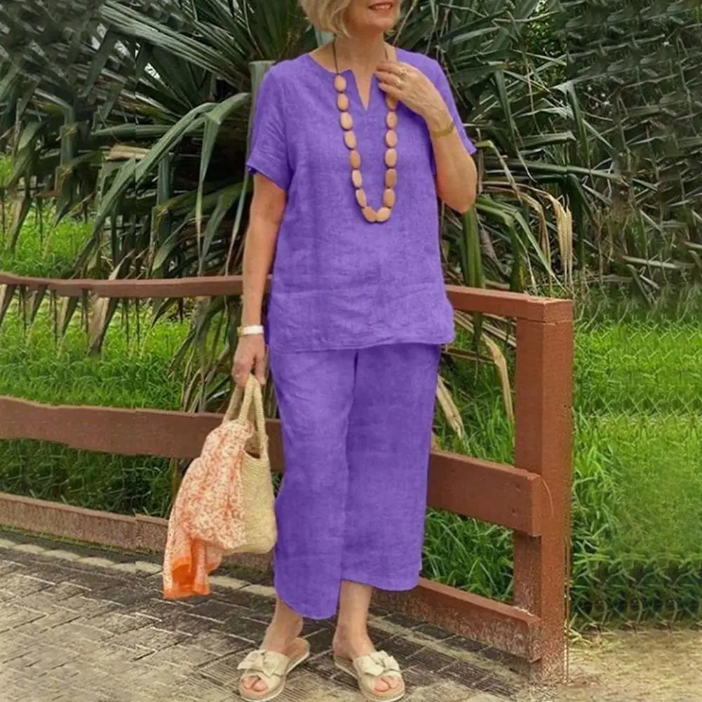 2025 Women Tracksuit Solid Color Short Sleeve Blouse Wide Leg Pants Set Home Outdoor Loose Blouse Top Elastic Waist Pant Suit