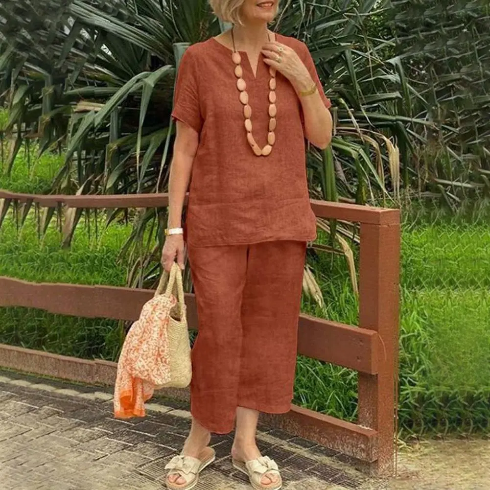 2025 Women Tracksuit Solid Color Short Sleeve Blouse Wide Leg Pants Set Home Outdoor Loose Blouse Top Elastic Waist Pant Suit