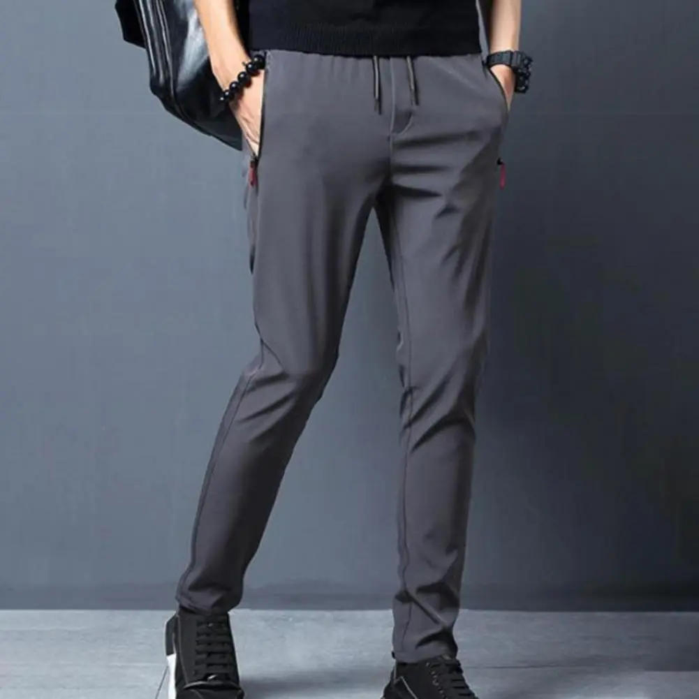 2025 L-3XL Men Sport Pants Ice Silk Quick-drying Slim Fit Side Zippered Pockets Drawstring Jogging Sweatpants Long Trousers
