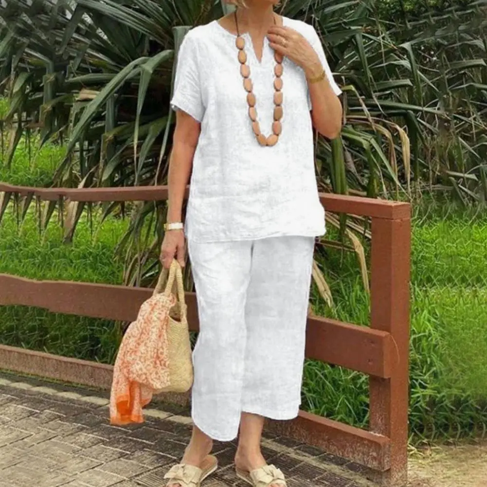 2025 Women Tracksuit Solid Color Short Sleeve Blouse Wide Leg Pants Set Home Outdoor Loose Blouse Top Elastic Waist Pant Suit