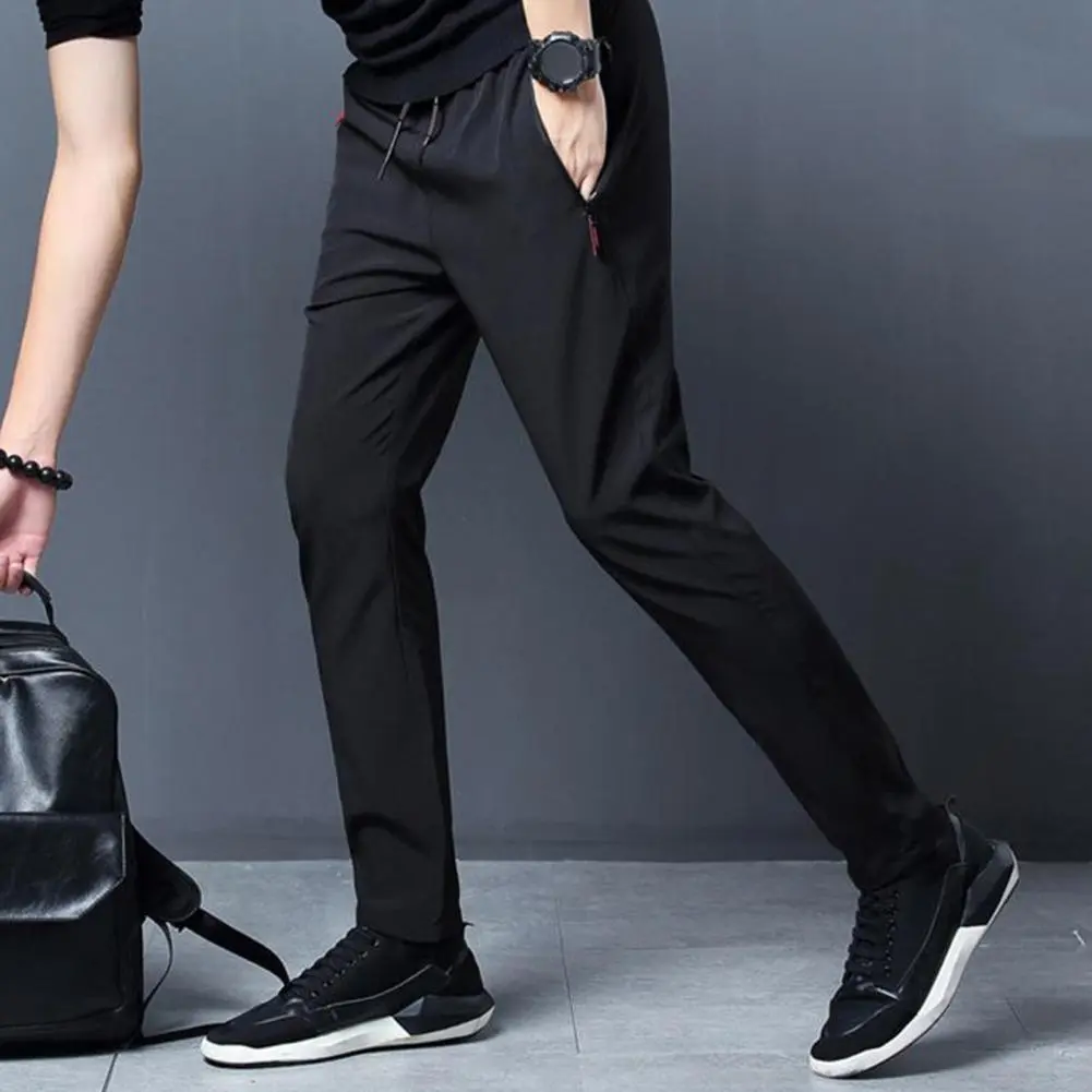 2025 L-3XL Men Sport Pants Ice Silk Quick-drying Slim Fit Side Zippered Pockets Drawstring Jogging Sweatpants Long Trousers