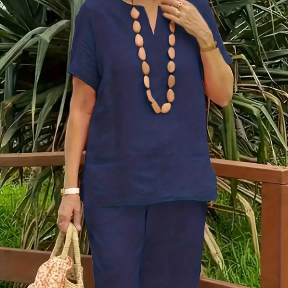 2025 Women Tracksuit Solid Color Short Sleeve Blouse Wide Leg Pants Set Home Outdoor Loose Blouse Top Elastic Waist Pant Suit
