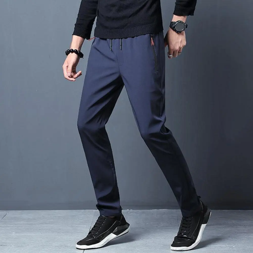 2025 L-3XL Men Sport Pants Ice Silk Quick-drying Slim Fit Side Zippered Pockets Drawstring Jogging Sweatpants Long Trousers