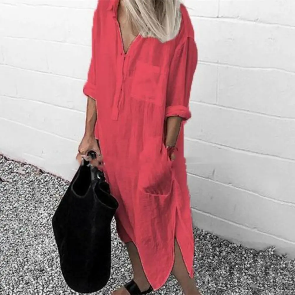 2024 Women Shirt Dress Temperament Side Split Loose Long Dress Spring Summer Long Sleeved Simple Button Up Casual Shirt Dress
