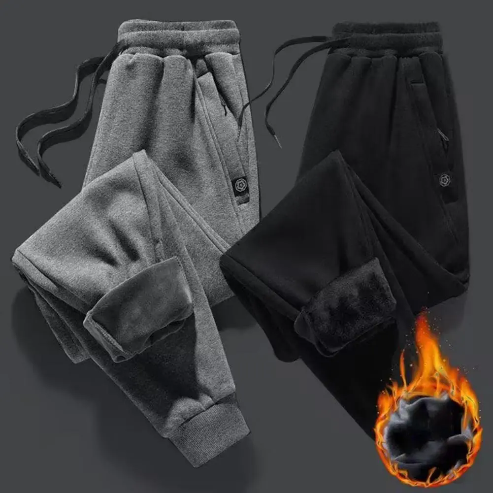2025 M-3XL Men Winter Pants Elastic Waist Thick Ankle-banded Drawstring Pants Plush Ankle Length Men Sports Jogging Sweatpants