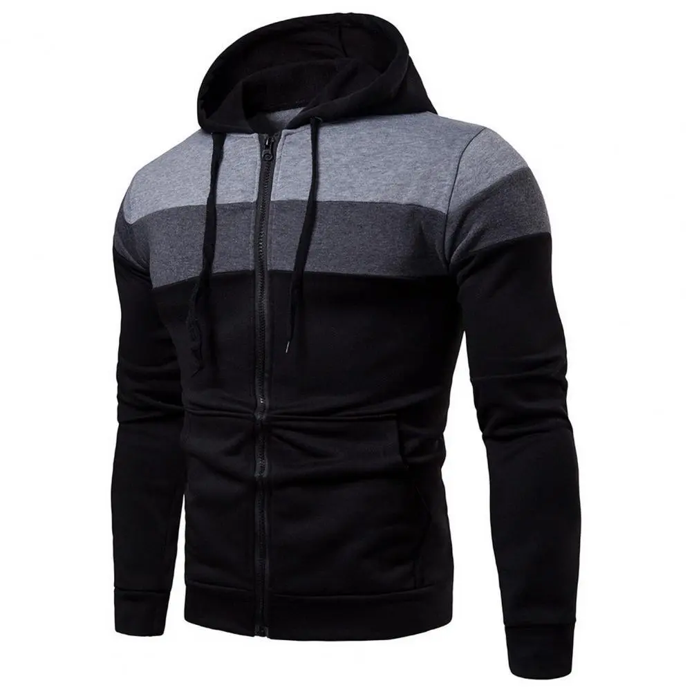 2025 M-3XL Handsome Men Hoodie Autumn Patchwork Color Hoodie Coat Drawstring Pockets Zipper Sweatshirt Jacket Warm Casual Coat