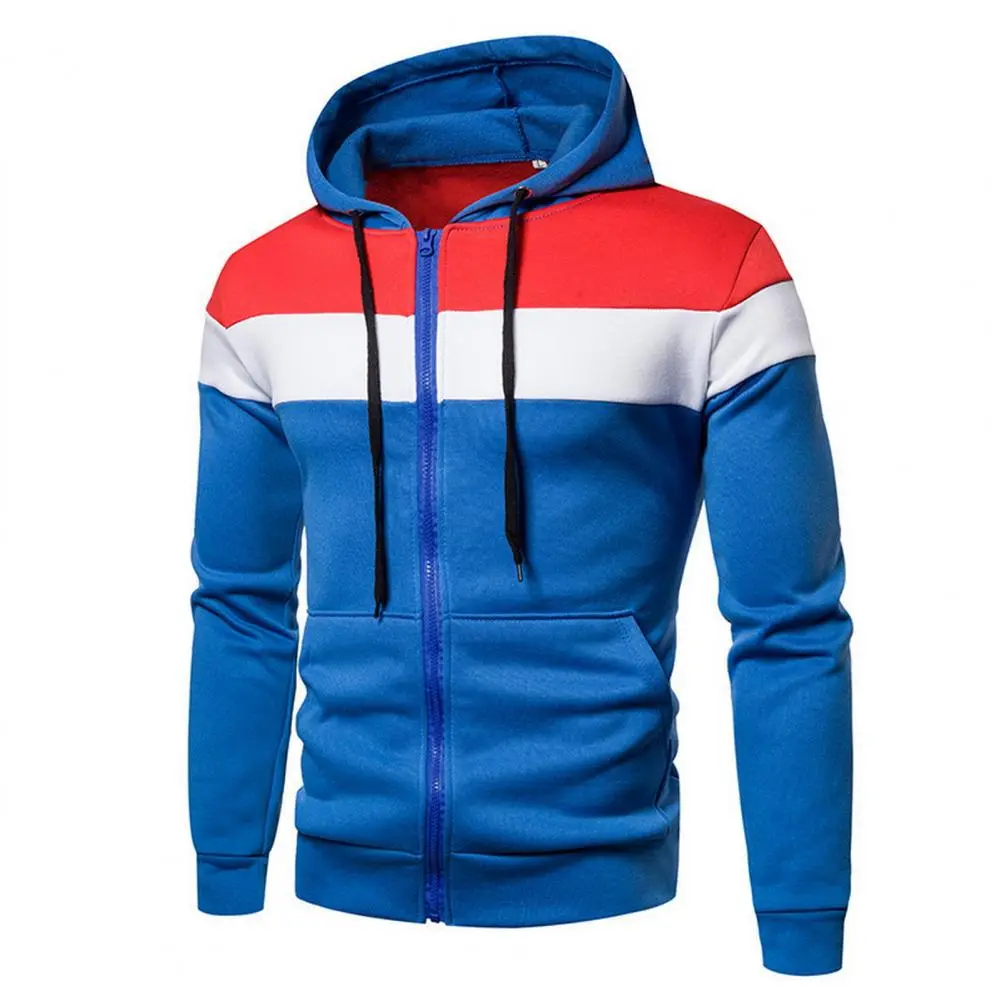 2025 M-3XL Handsome Men Hoodie Autumn Patchwork Color Hoodie Coat Drawstring Pockets Zipper Sweatshirt Jacket Warm Casual Coat