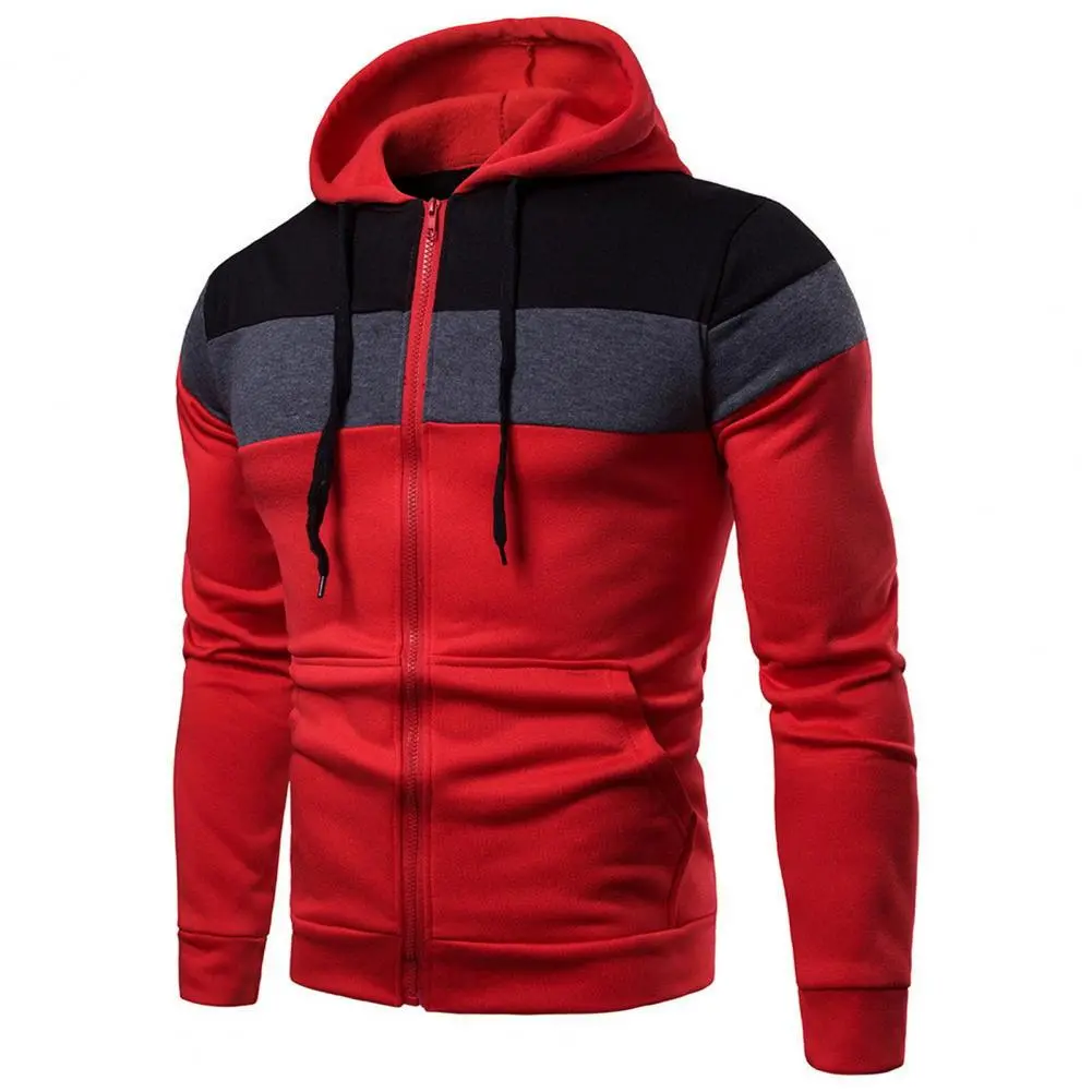 2025 M-3XL Handsome Men Hoodie Autumn Patchwork Color Hoodie Coat Drawstring Pockets Zipper Sweatshirt Jacket Warm Casual Coat