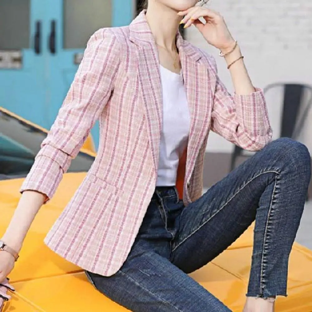 Vintage Plaid Print Women Turn down Collar One Button Slim Fit Lady Spring Casual Women Suit Women Jackets