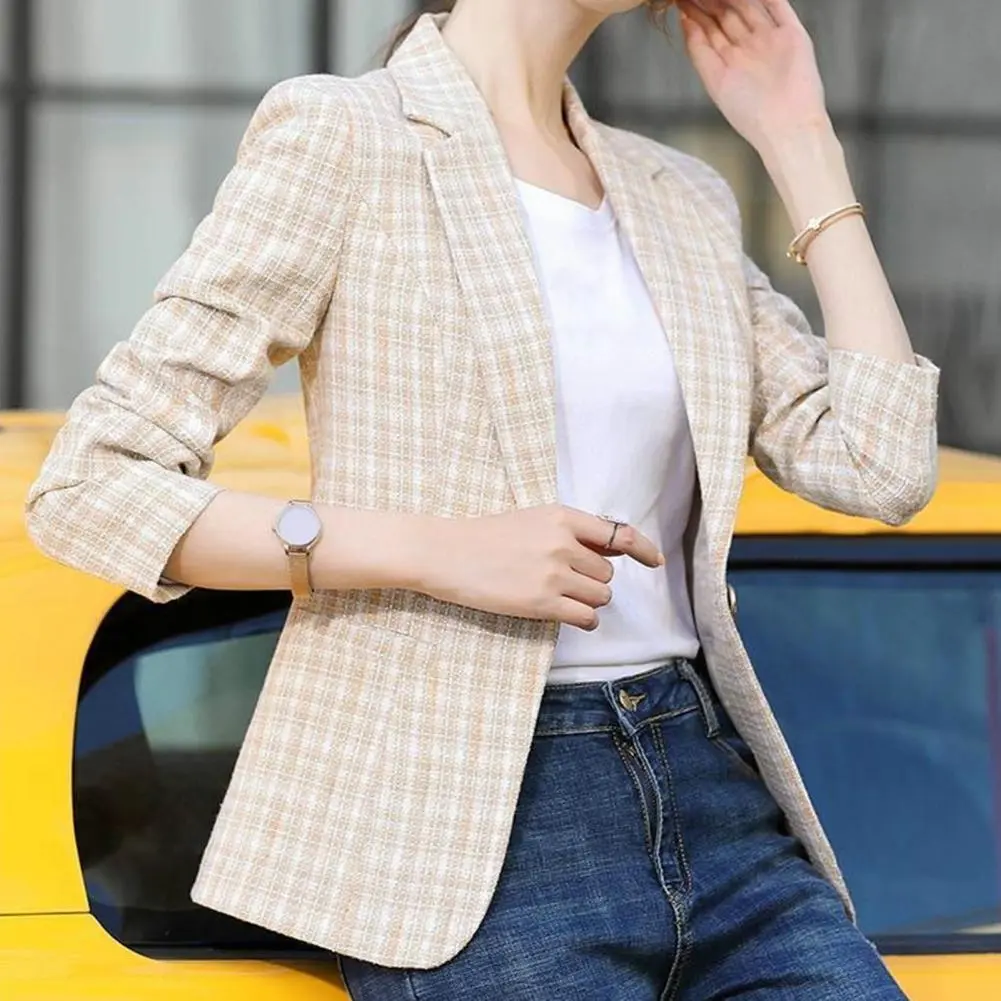 Vintage Plaid Print Women Turn down Collar One Button Slim Fit Lady Spring Casual Women Suit Women Jackets