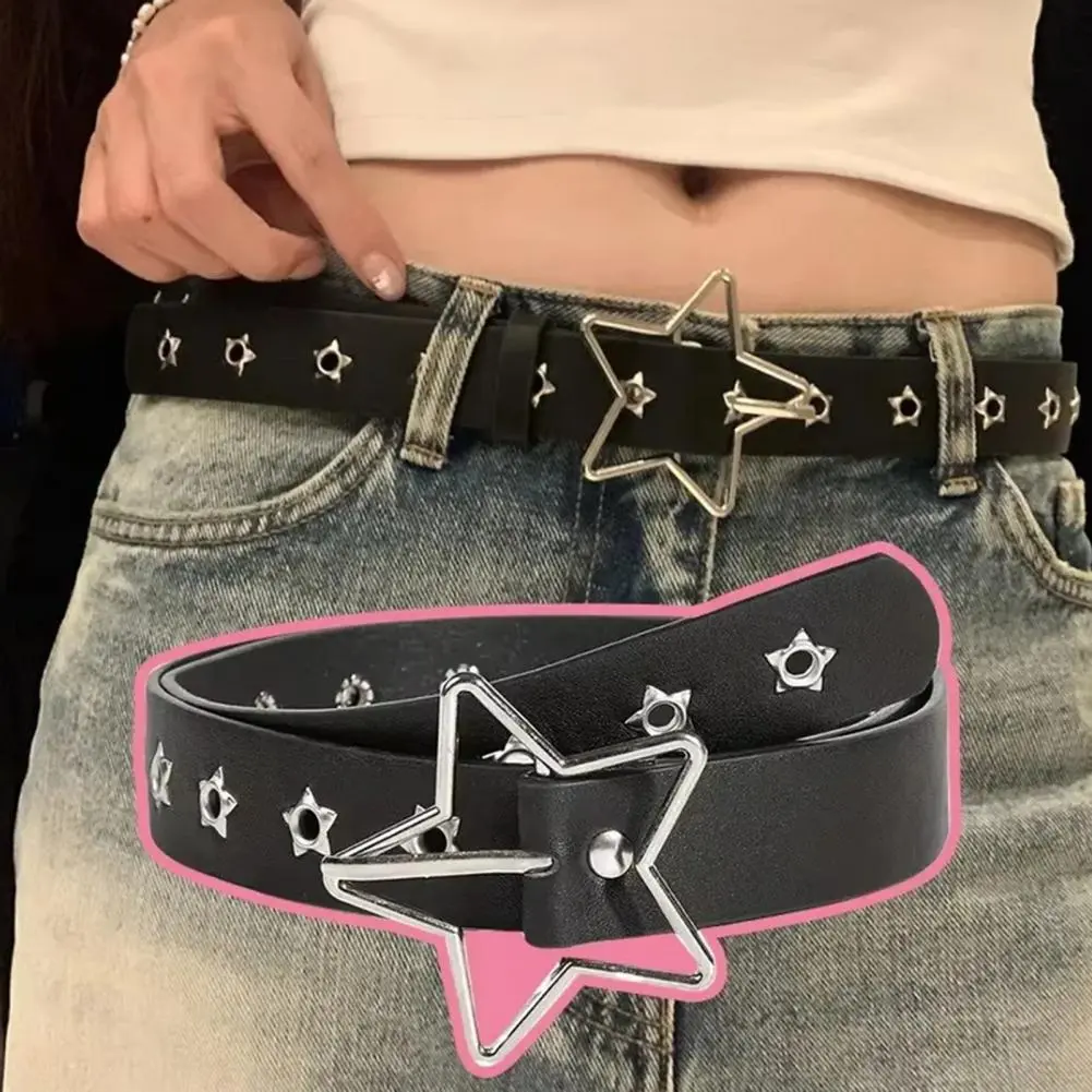 Air Hole Design Belt Shirt Casual Belt Punk Style Women's Belt with Rock Star Pattern Adjustable Hollow for Dresses for Edgy