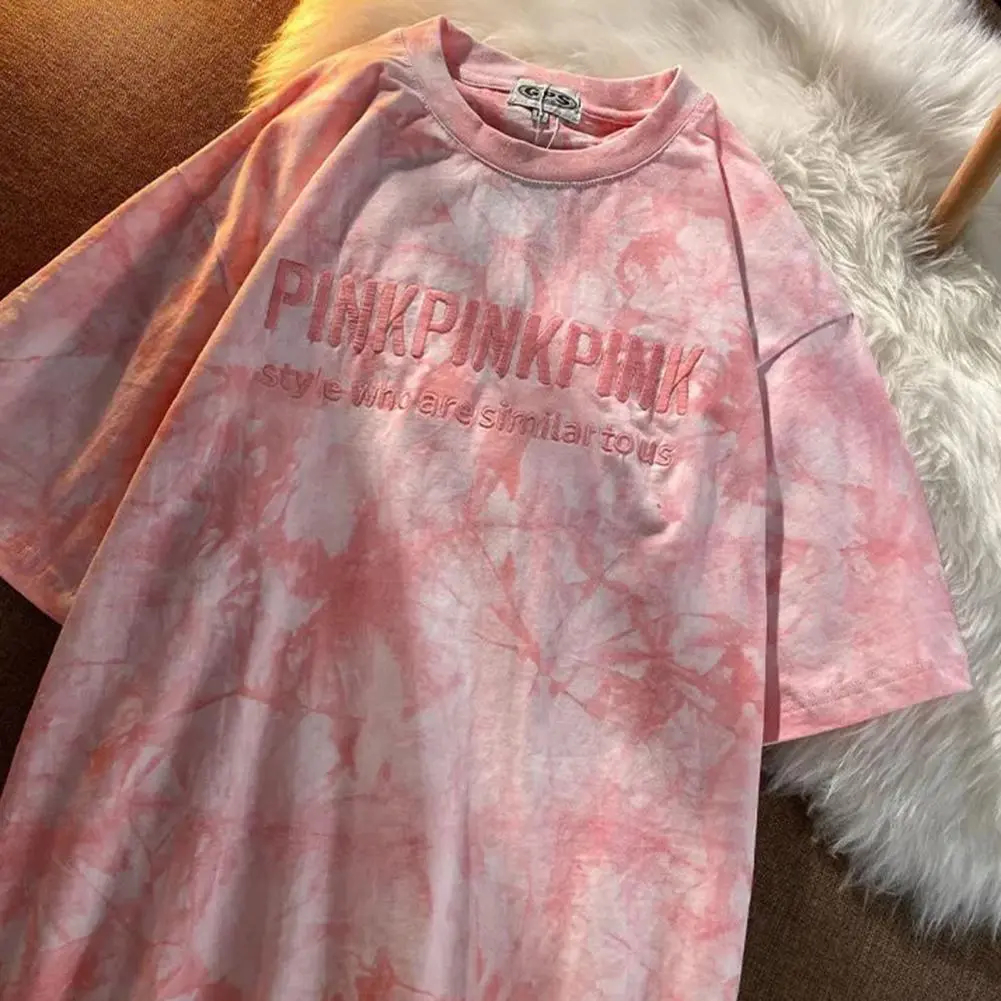 Korean Fashion Tie Dye Print Tees Letters Embroidery Women T-shirt O Neck Short Sleeves Loose T-shirt casual Embroidered Blouse