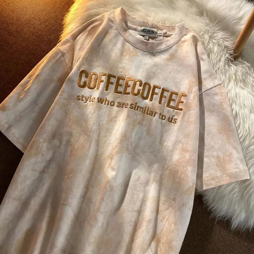 Korean Fashion Tie Dye Print Tees Letters Embroidery Women T-shirt O Neck Short Sleeves Loose T-shirt casual Embroidered Blouse