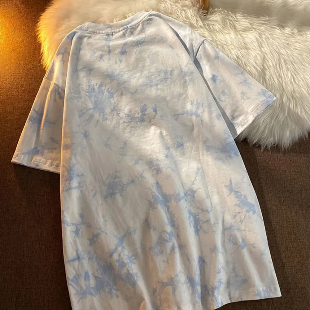 Korean Fashion Tie Dye Print Tees Letters Embroidery Women T-shirt O Neck Short Sleeves Loose T-shirt casual Embroidered Blouse