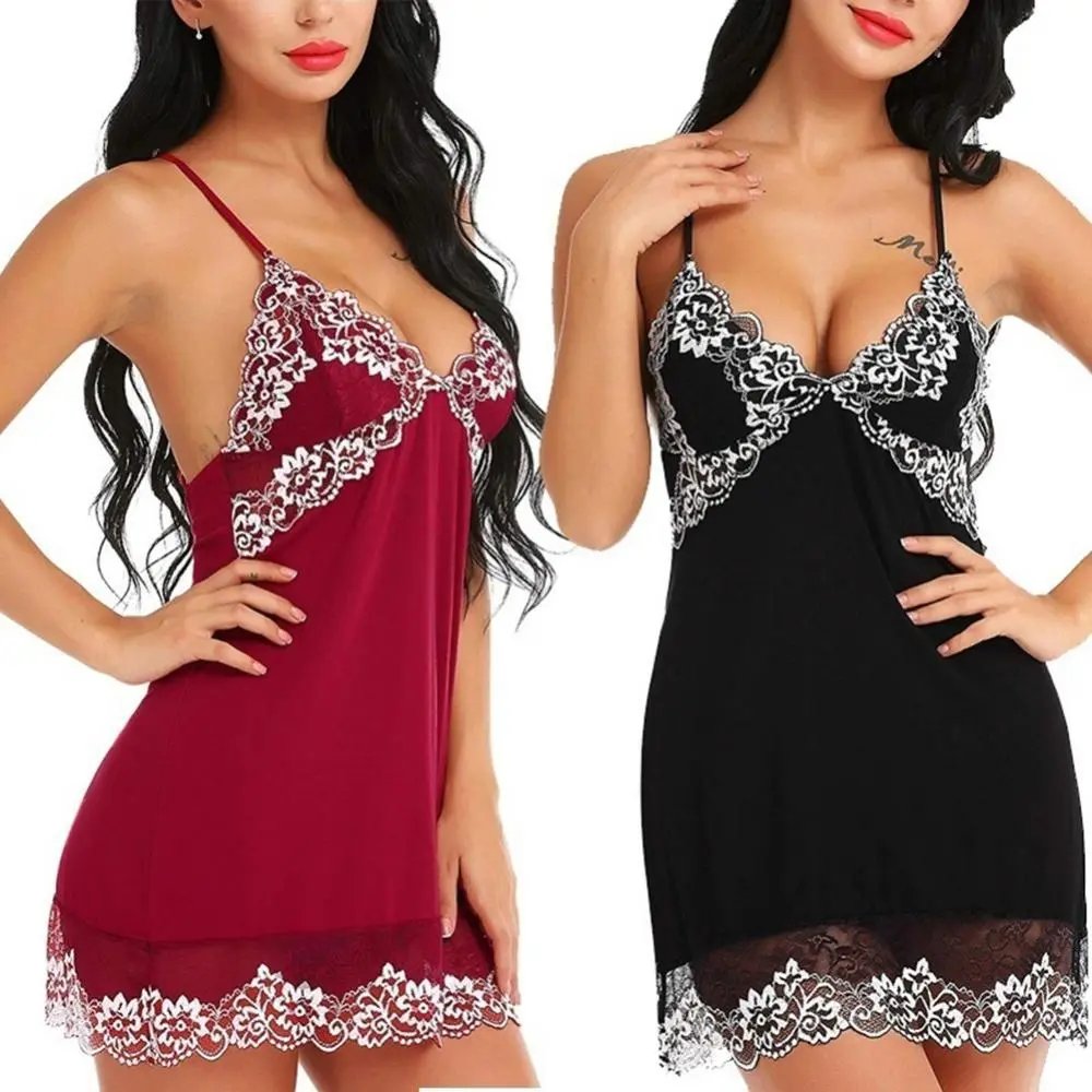 Sexy Women Flower Pajamas V-Neck Sleeveless Dress Nightgown Sleepwear Lace Dress Sexy Backless Cross V-neck Pajamas Sleepshirts