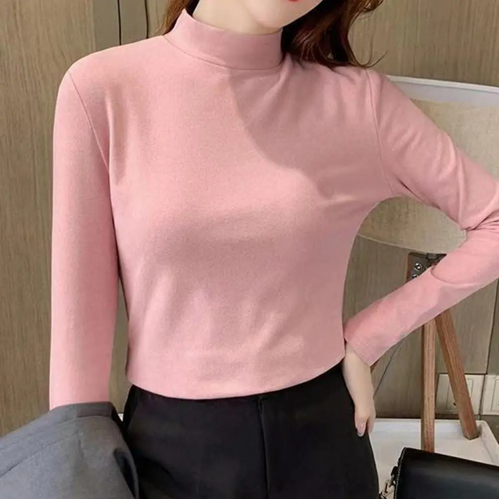 2025 High Collar Bottoming Blouse Long Sleeves Slim Fit women t-shirt Autumn Thickened Double-Sided Fleece Thermal Undershirt