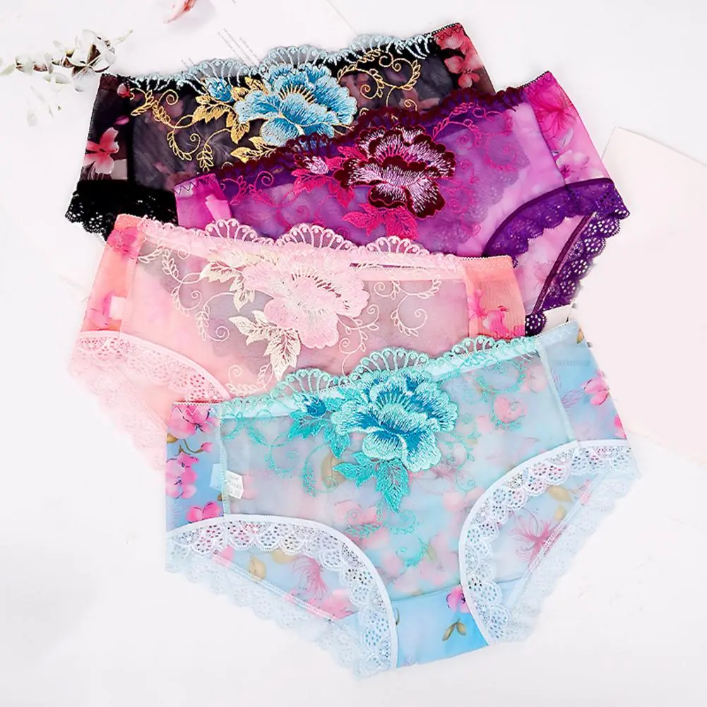 Flower Ultra-thin See-through Flower Embroidery Women Briefs Peony Transparent Lace Briefs Breathable Sexy Hip Lifting Panties