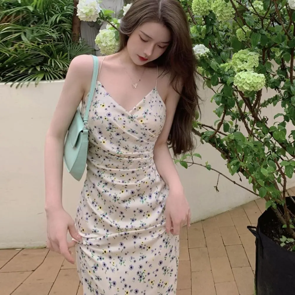 Elegant French Style Women Flower Print Midi Dress Spaghetti Strap Women Ball Dress Low-cut V Neck Female Pleated Spring Dress