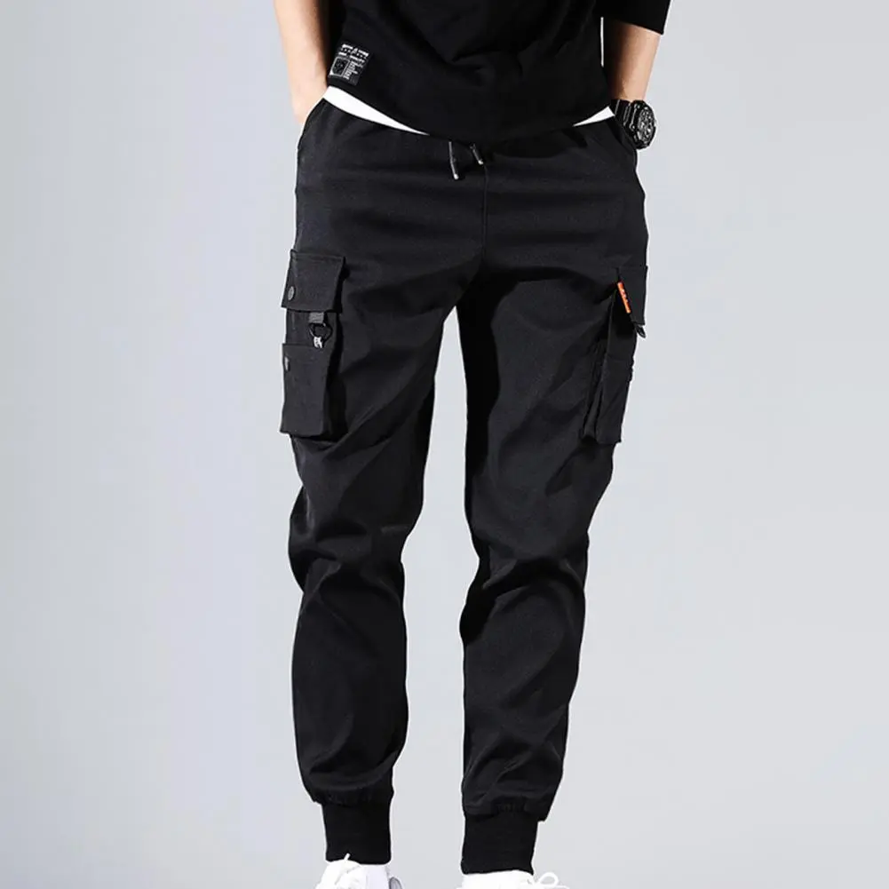 2025 Drawstring Waist Men's Trousers Nine-point Pants Multi-pocket Overalls Elastic Waist Simple Beam Feet Casual Cargo Pants