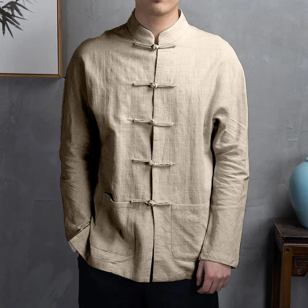2025 M-3XL Men Autumn Chinese Shirt Top Mandarin Collar Long Sleeve Disc Button Traditional Kung Fu Tai Chi Shirt Tang Uniform