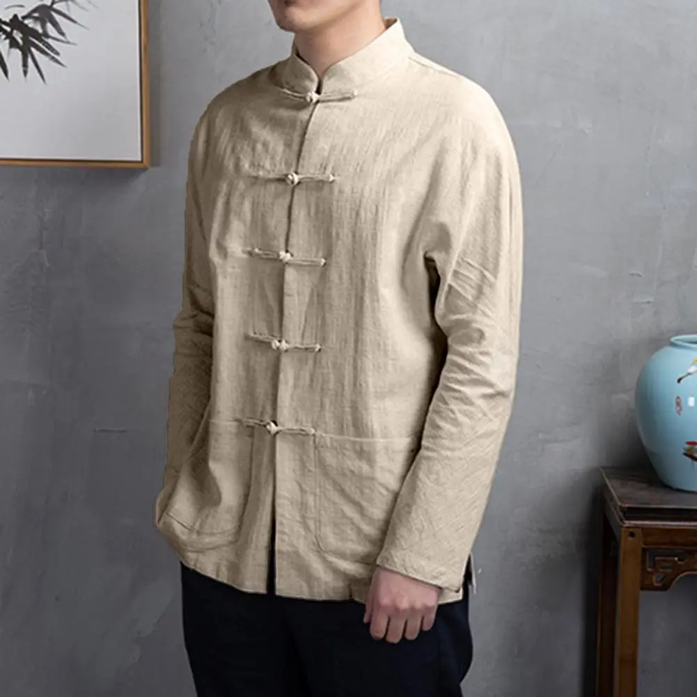 2025 M-3XL Men Autumn Chinese Shirt Top Mandarin Collar Long Sleeve Disc Button Traditional Kung Fu Tai Chi Shirt Tang Uniform