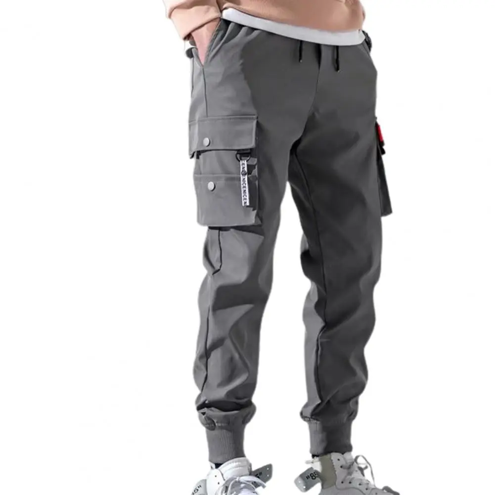 2025 Drawstring Waist Men's Trousers Nine-point Pants Multi-pocket Overalls Elastic Waist Simple Beam Feet Casual Cargo Pants