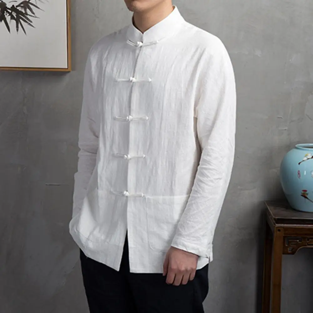 2025 M-3XL Men Autumn Chinese Shirt Top Mandarin Collar Long Sleeve Disc Button Traditional Kung Fu Tai Chi Shirt Tang Uniform
