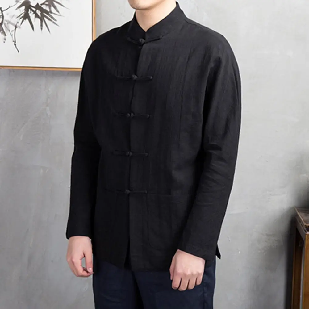 2025 M-3XL Men Autumn Chinese Shirt Top Mandarin Collar Long Sleeve Disc Button Traditional Kung Fu Tai Chi Shirt Tang Uniform