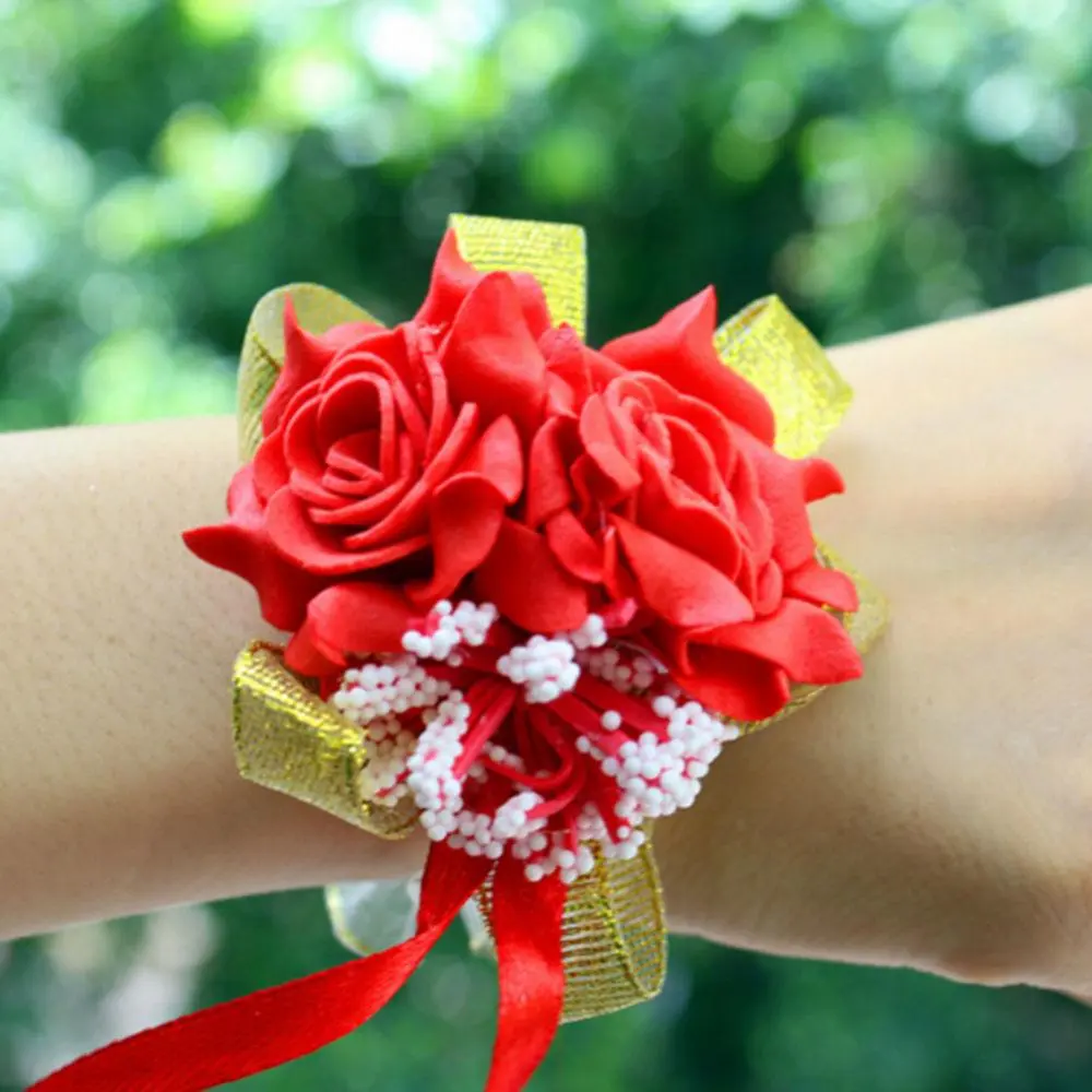 Silk Rose Wrist Corsages Ribbon Wedding Decoration Mariage Rose Hand Flower Artificial Brides Bridesmaid Wrist Flower Bracelet