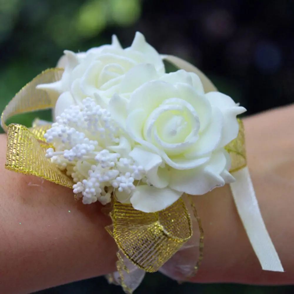 Silk Rose Wrist Corsages Ribbon Wedding Decoration Mariage Rose Hand Flower Artificial Brides Bridesmaid Wrist Flower Bracelet