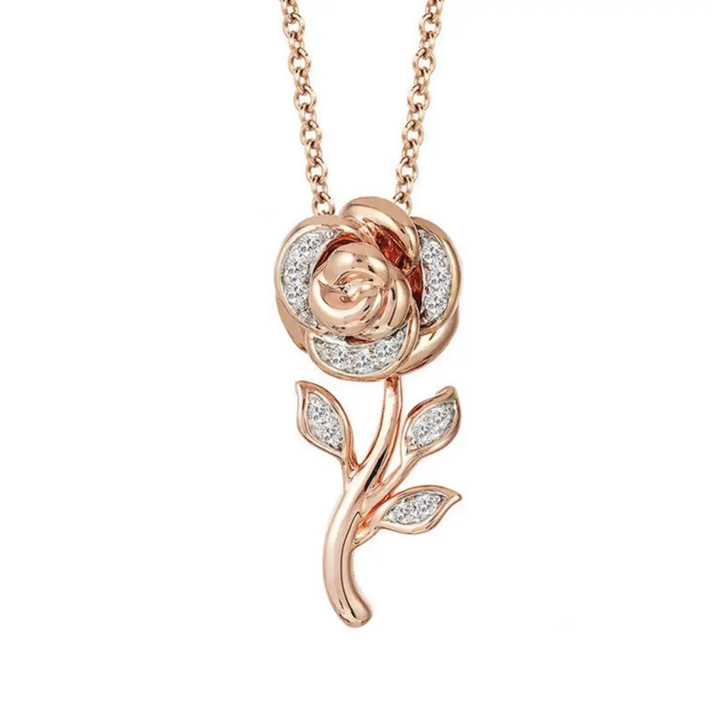 Rose Flower Ring Pendant Necklace Set Fashion Crystal Ring Earrings Necklace Wedding Bridal Jewelry Female Charm Jewelry Sets