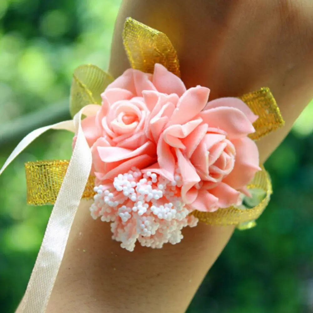 Silk Rose Wrist Corsages Ribbon Wedding Decoration Mariage Rose Hand Flower Artificial Brides Bridesmaid Wrist Flower Bracelet