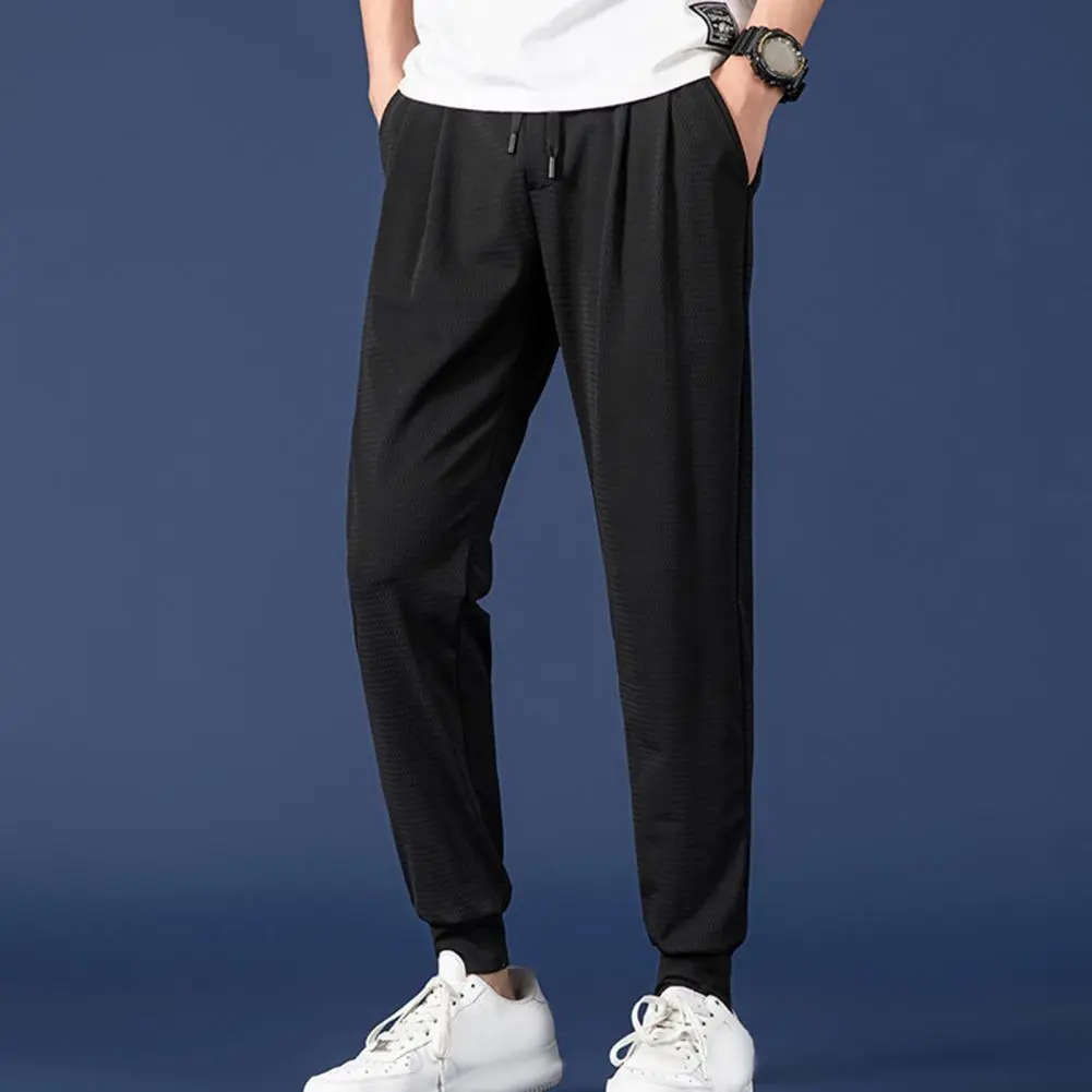 Mid-rise Elastic Waistband Casual Pants Drawstring Pockets Mesh Men Ice Silk Thin Jogging Sweatpants Street Running Sport Pants
