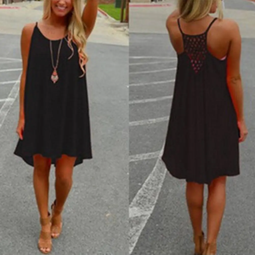 Summer Beach Dress Sexy Hollow Out Fishnet Sleeveless Mini Dress Boho Vest Dress Sundress Elegant Spaghetti Strap Vacation Dress