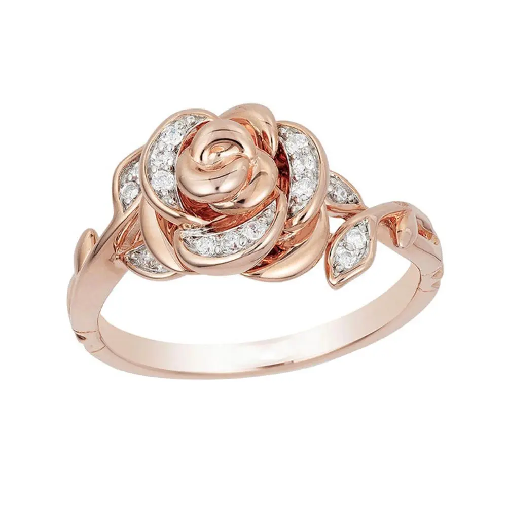 Rose Flower Ring Pendant Necklace Set Fashion Crystal Ring Earrings Necklace Wedding Bridal Jewelry Female Charm Jewelry Sets