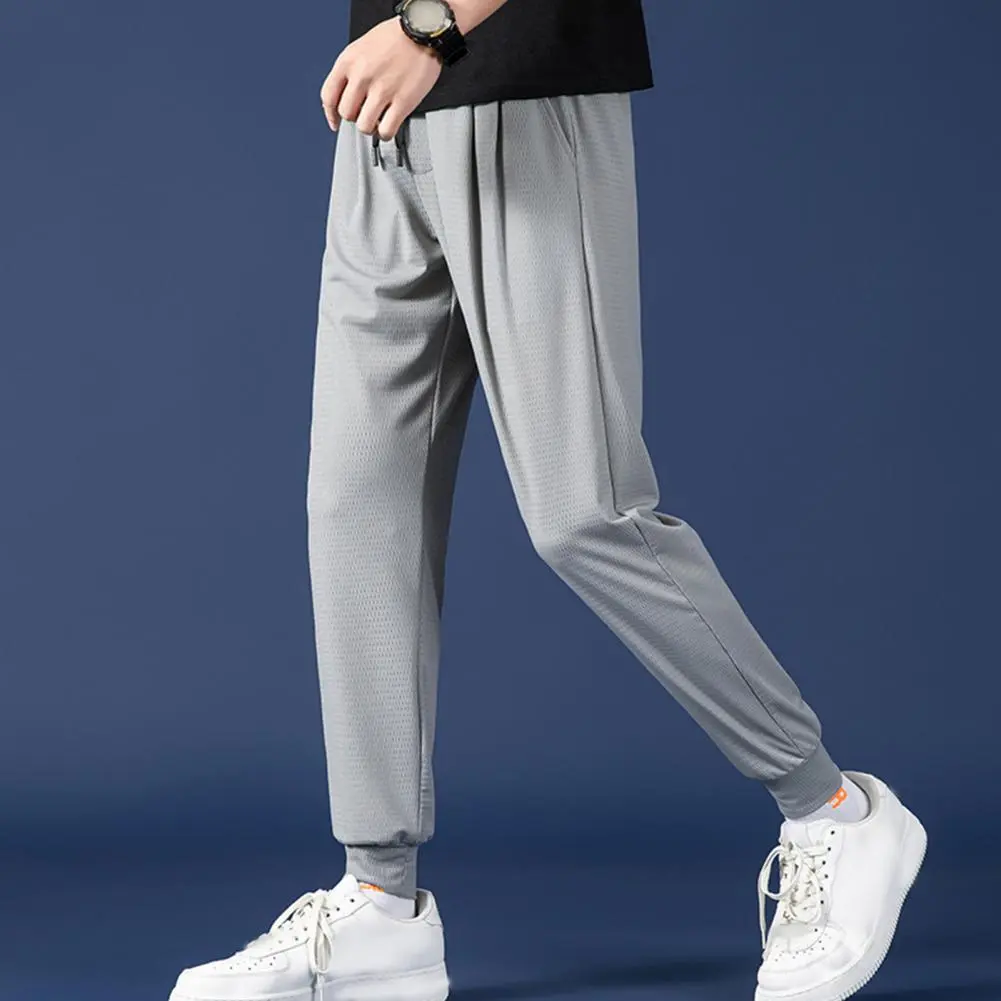 Mid-rise Elastic Waistband Casual Pants Drawstring Pockets Mesh Men Ice Silk Thin Jogging Sweatpants Street Running Sport Pants