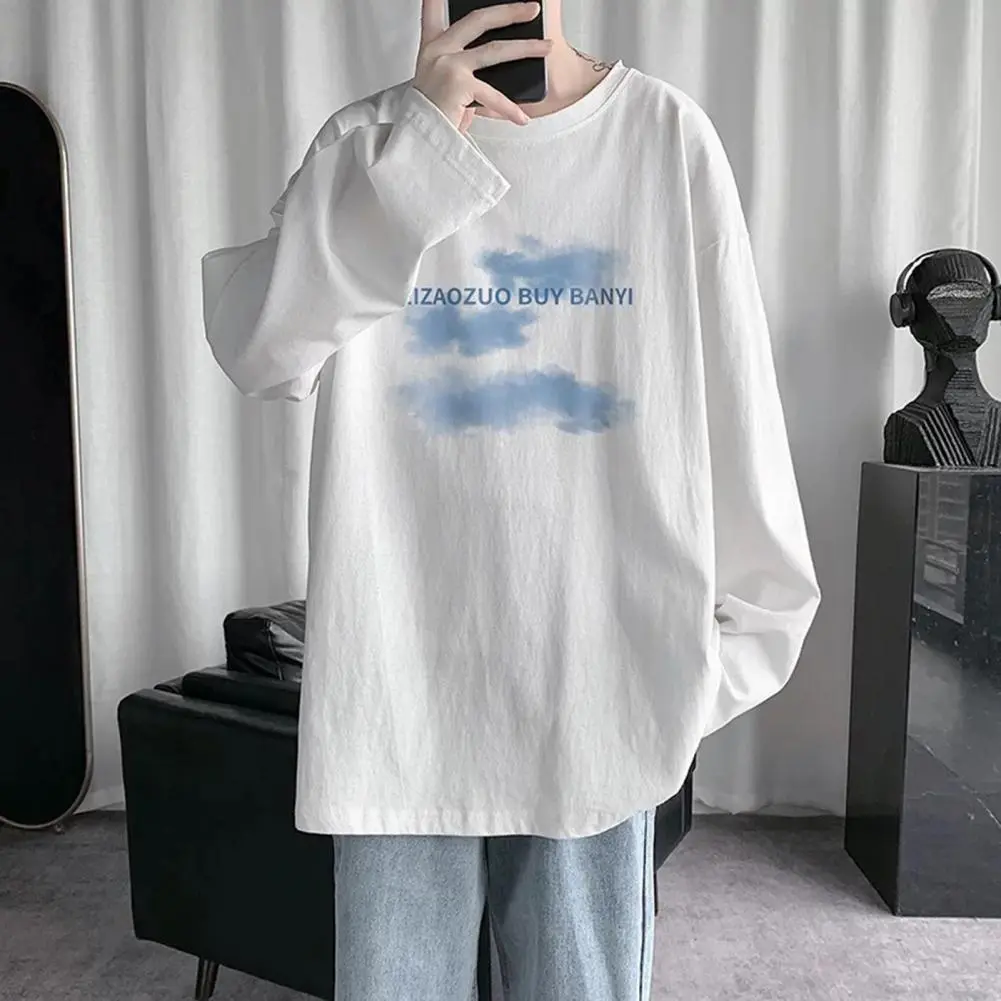 Japanese Style Men T-shirt Letter Print Round Neck Male Tshirt Autumn Long Sleeves Tee Shirt Mens Clothes Casual Loose Tee